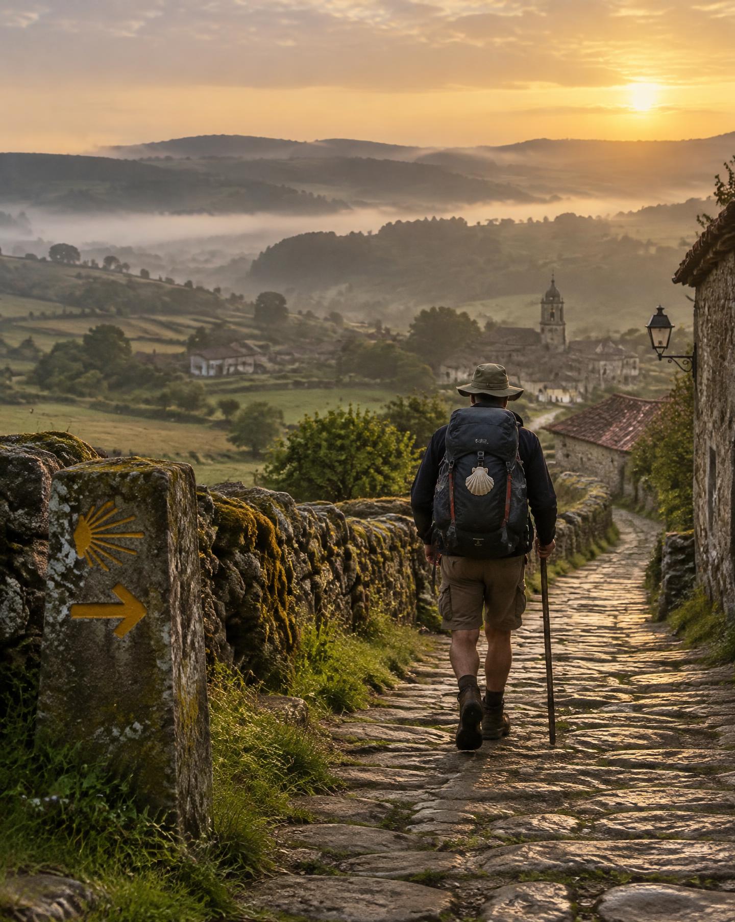 A pilgrim walking a stone path at dawn, past a yellow arrow waymarker